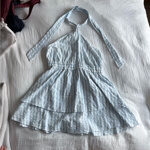 ASOS Light Blue and White Striped Halter Neck Open Back Tiered Dress